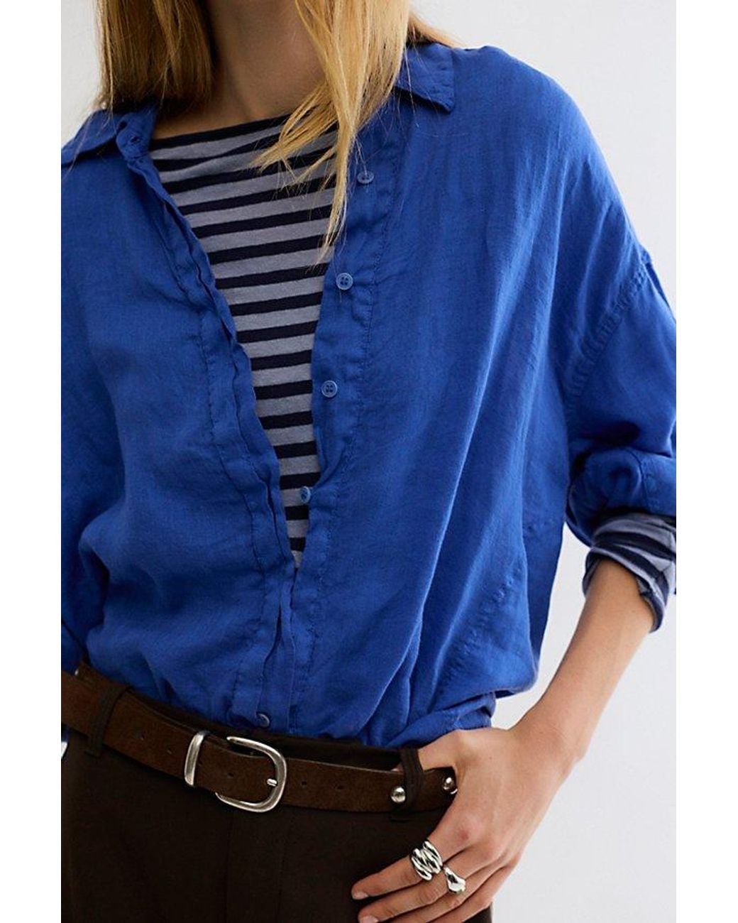 Free People Blue Selene Button Down Linen Shirt