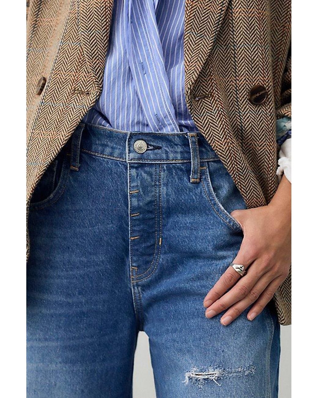 Free People Blue Good Luck Mid-Rise Barrel Jeans