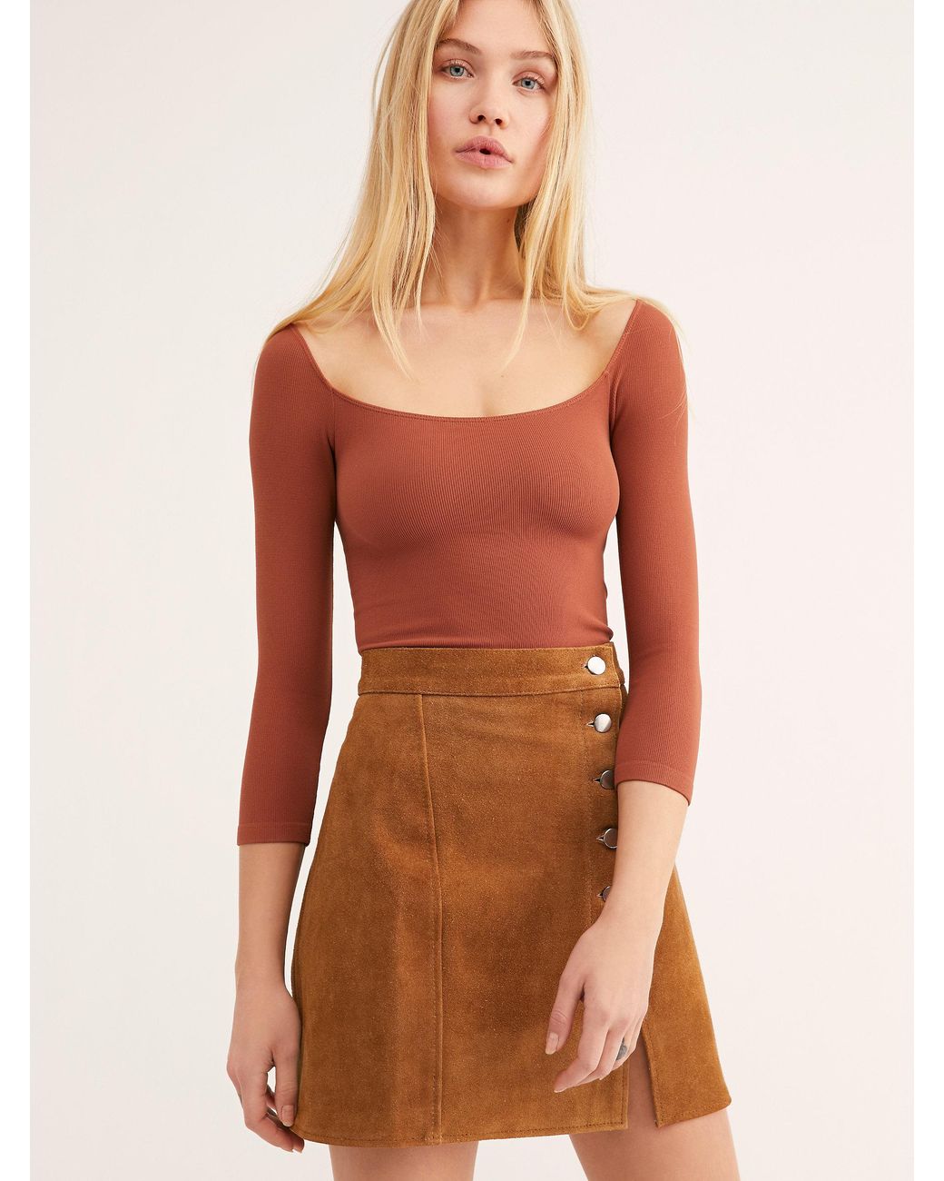 Free People Synthetic Square Neck 3/4 Sleeve Top in Rust (Brown) - Lyst