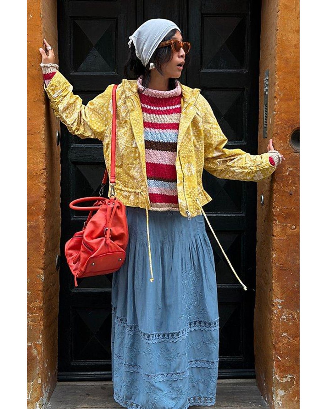 Free People Yellow Devon Printed Balloon Funnel-Neck Jacket
