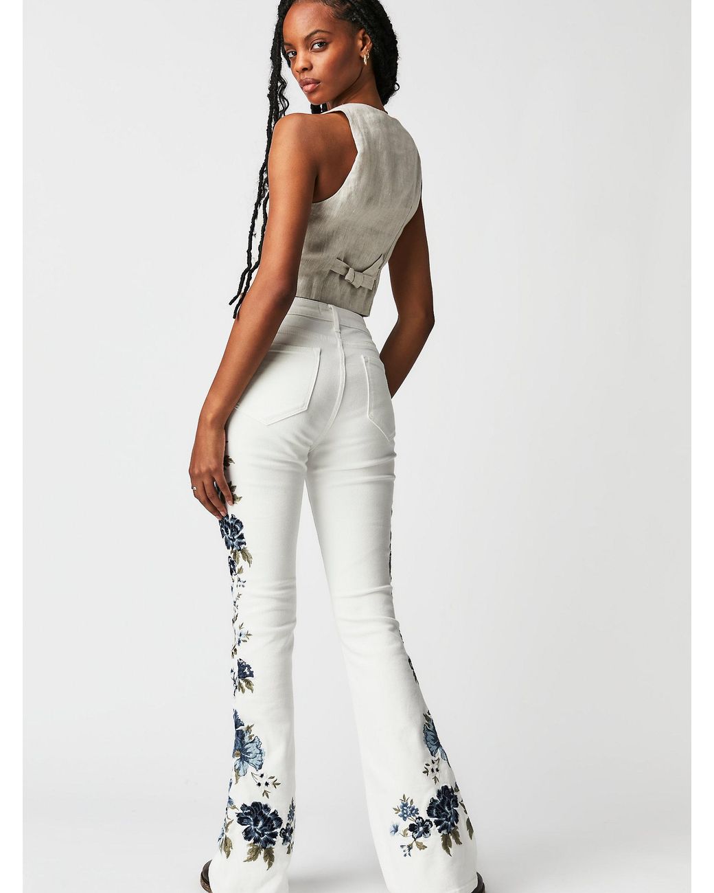 Free People Driftwood Farrah Embroidered Flare Jeans in White | Lyst