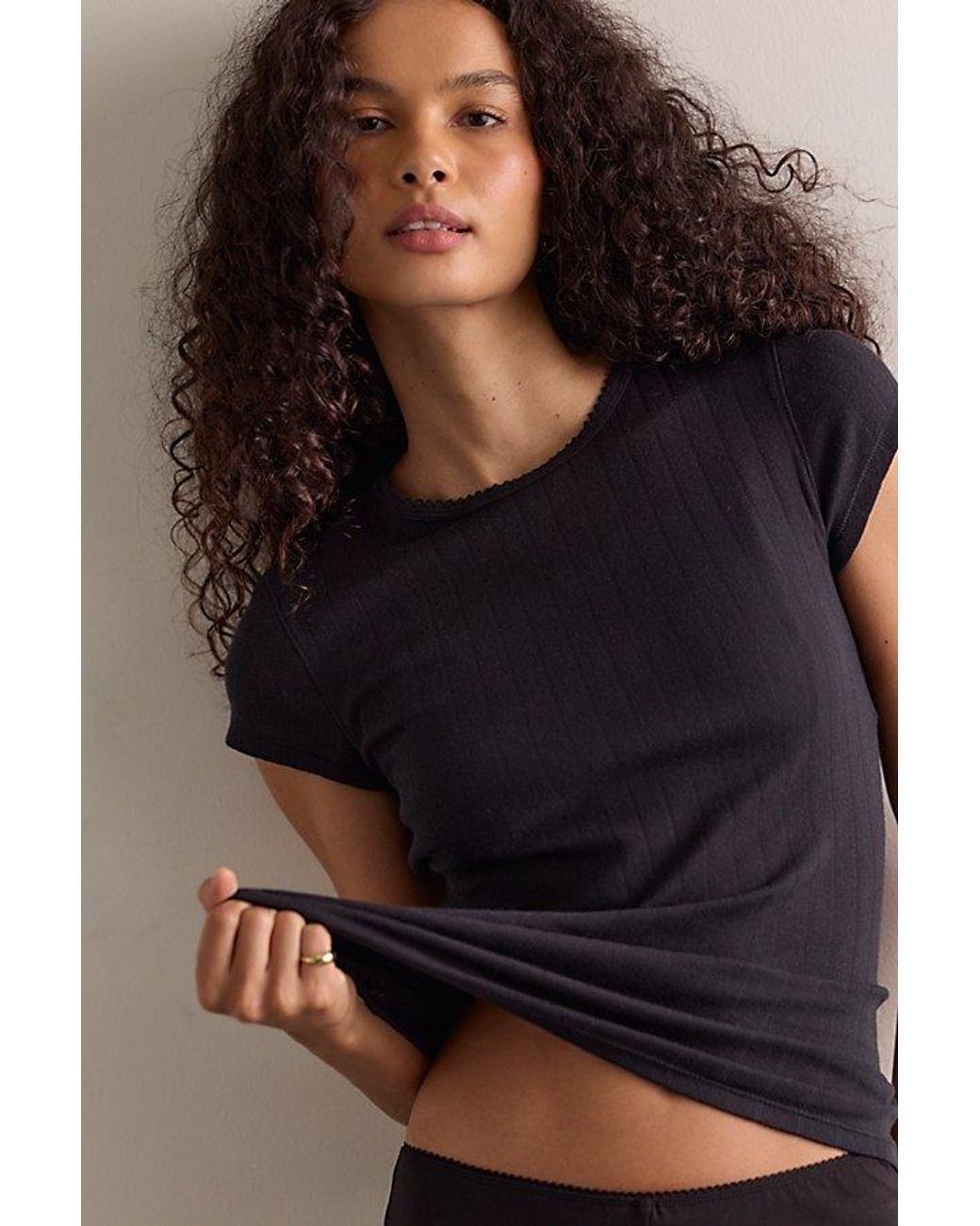 Intimately By Free People Black Classic Keepsake Pointelle Baby Tee By