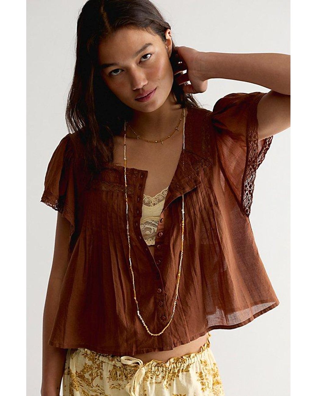 Free People Brown Monica Square Neck Button Down Top