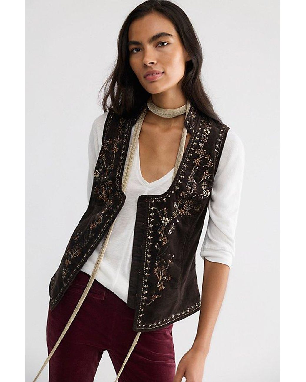 Free People White Veritas Embellished Velvet Vest Jacket