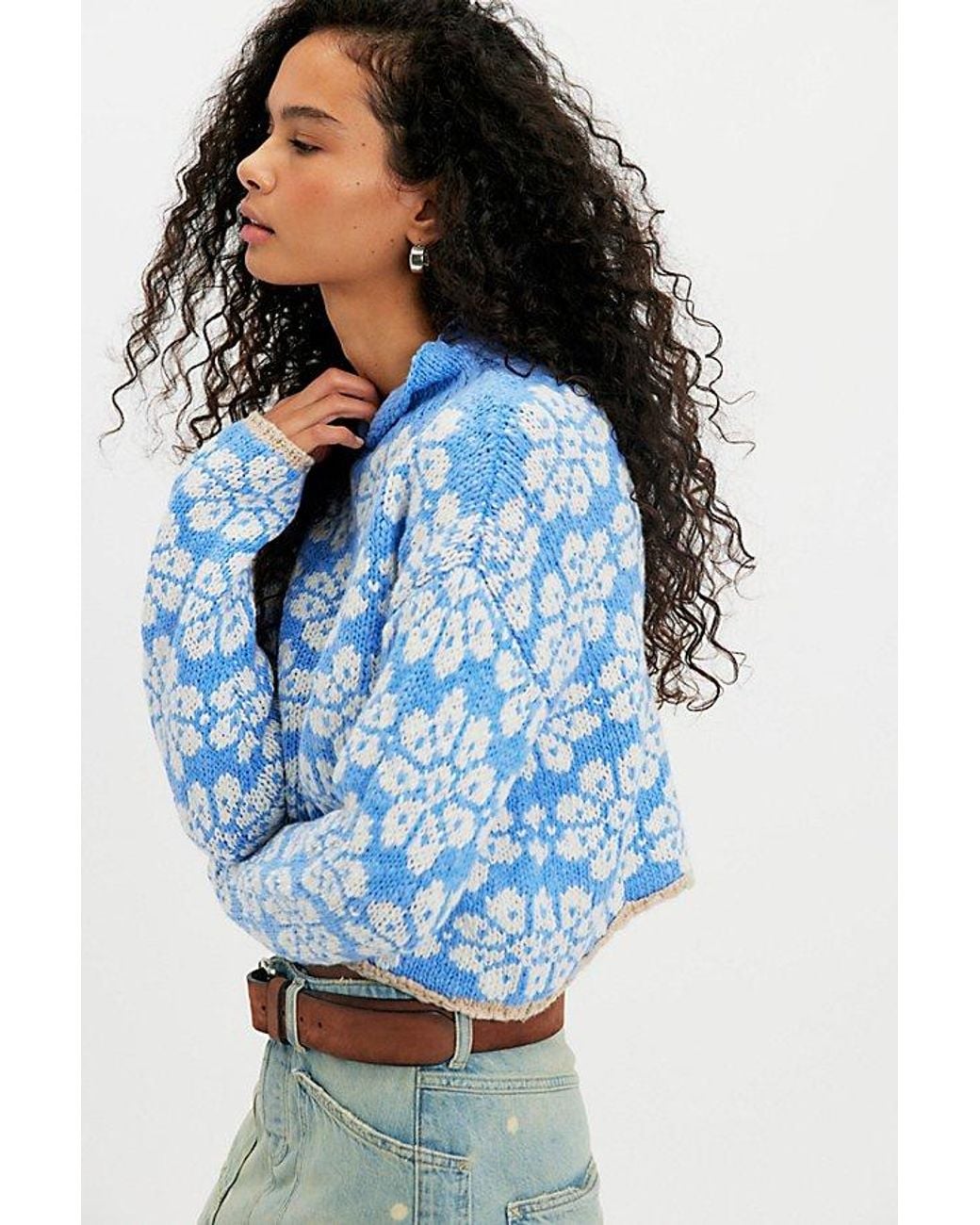 Free People Blue Opal Rollneck Knit Patterned Sweater