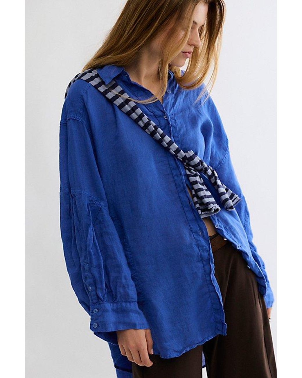 Free People Blue Selene Button Down Linen Shirt