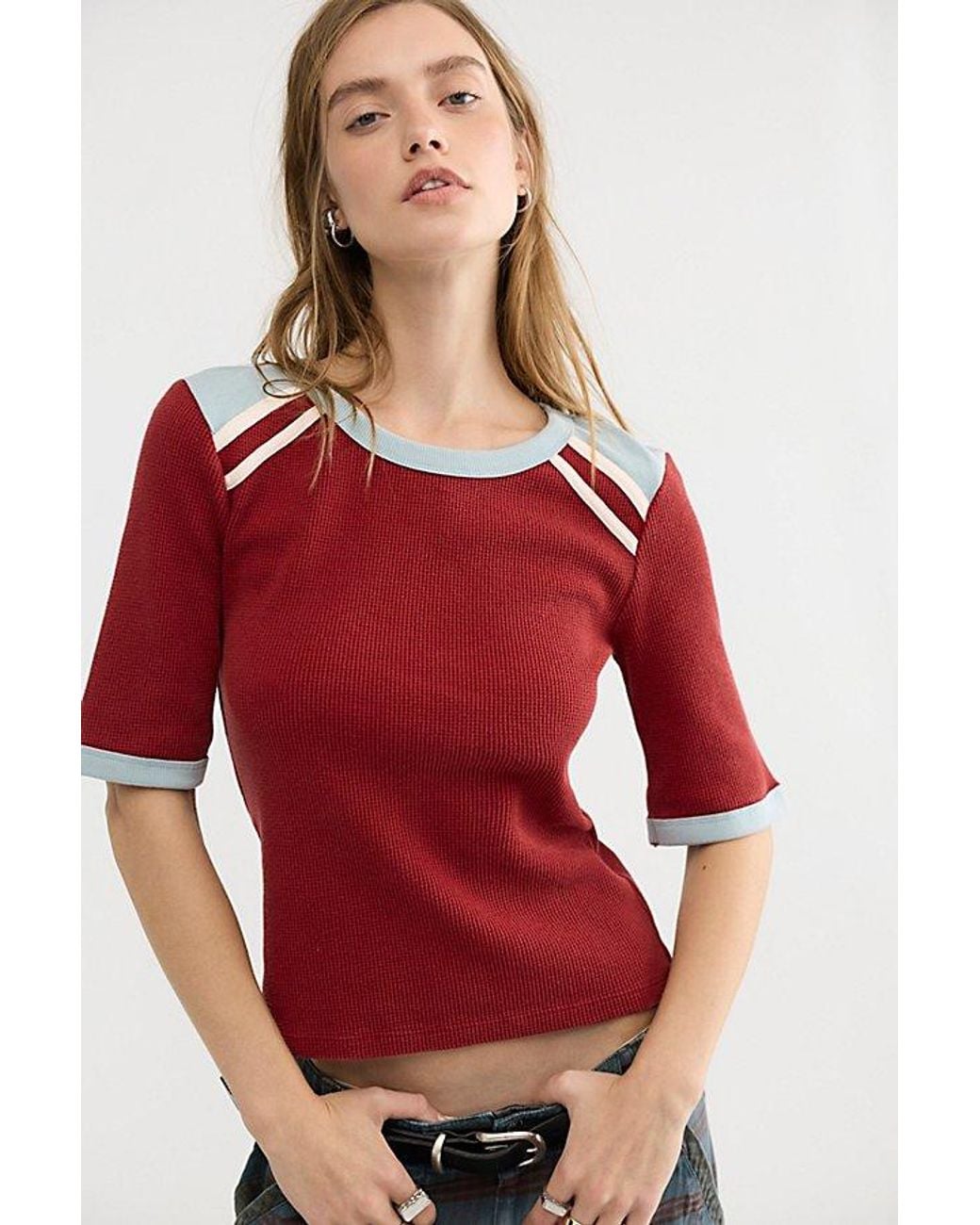 Free People Red Stargazer Colorblock Three-Quarter Sleeve Tee