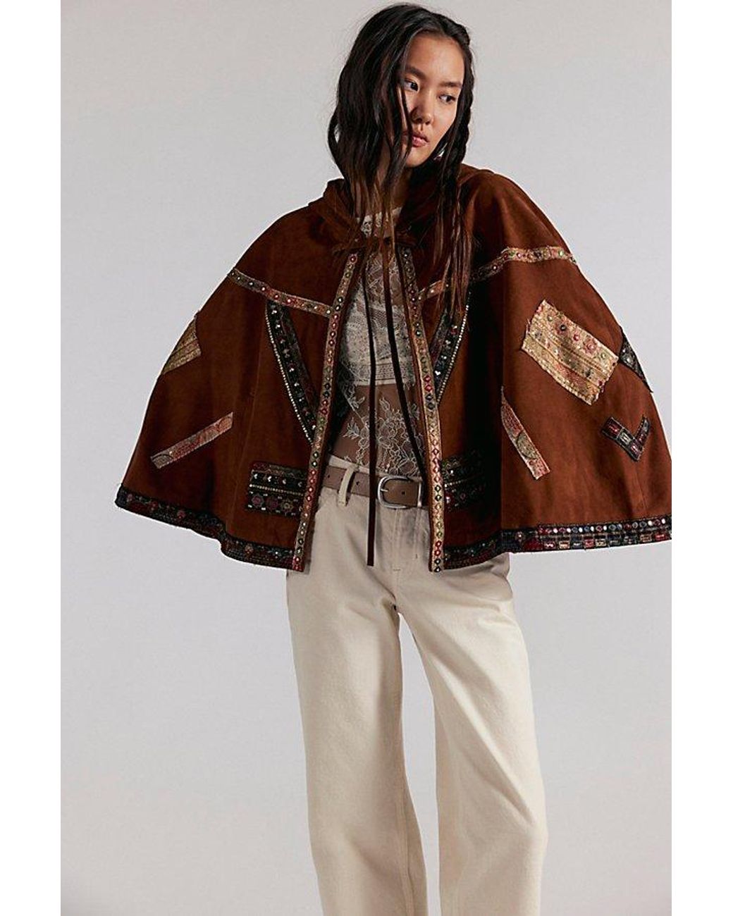 Free People Brown Nigel Preston Suede Embroidered Cape Top