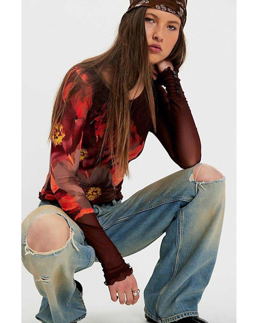 Free People Multicolor Lilly Printed Boat Neck Long Sleeve Top