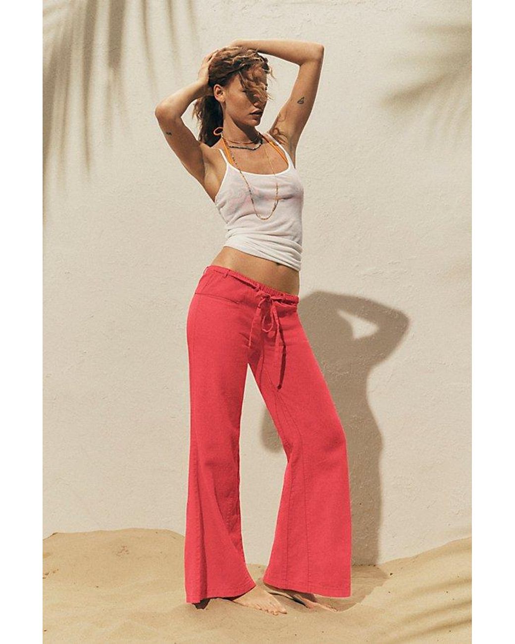 Free People Red Break The Ice Linen Slouch Flare Pants