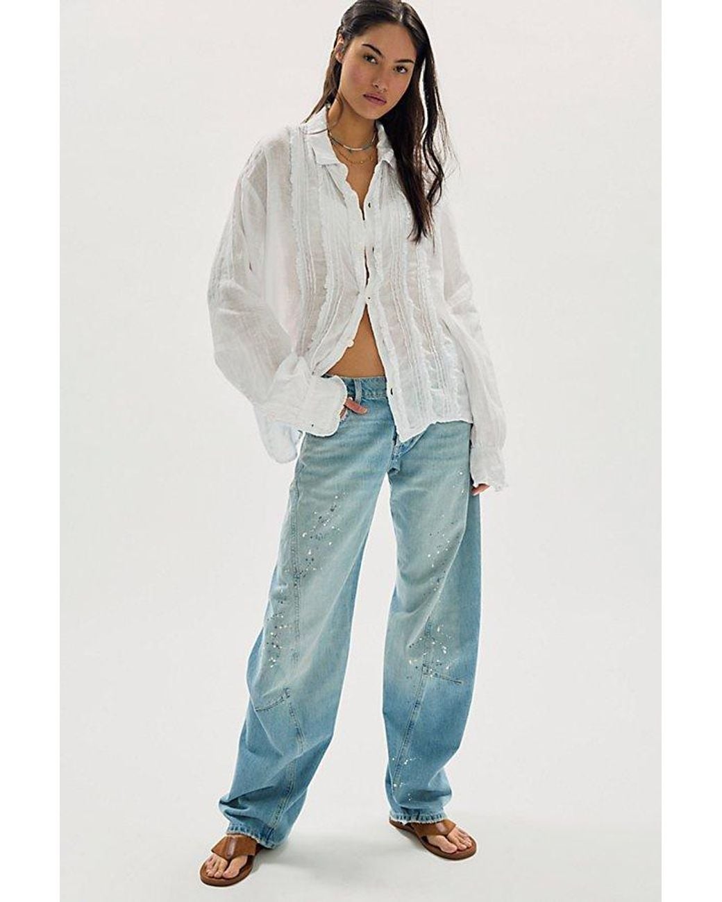 Llea Blue White Tuxedo Linen Button Down Top By
