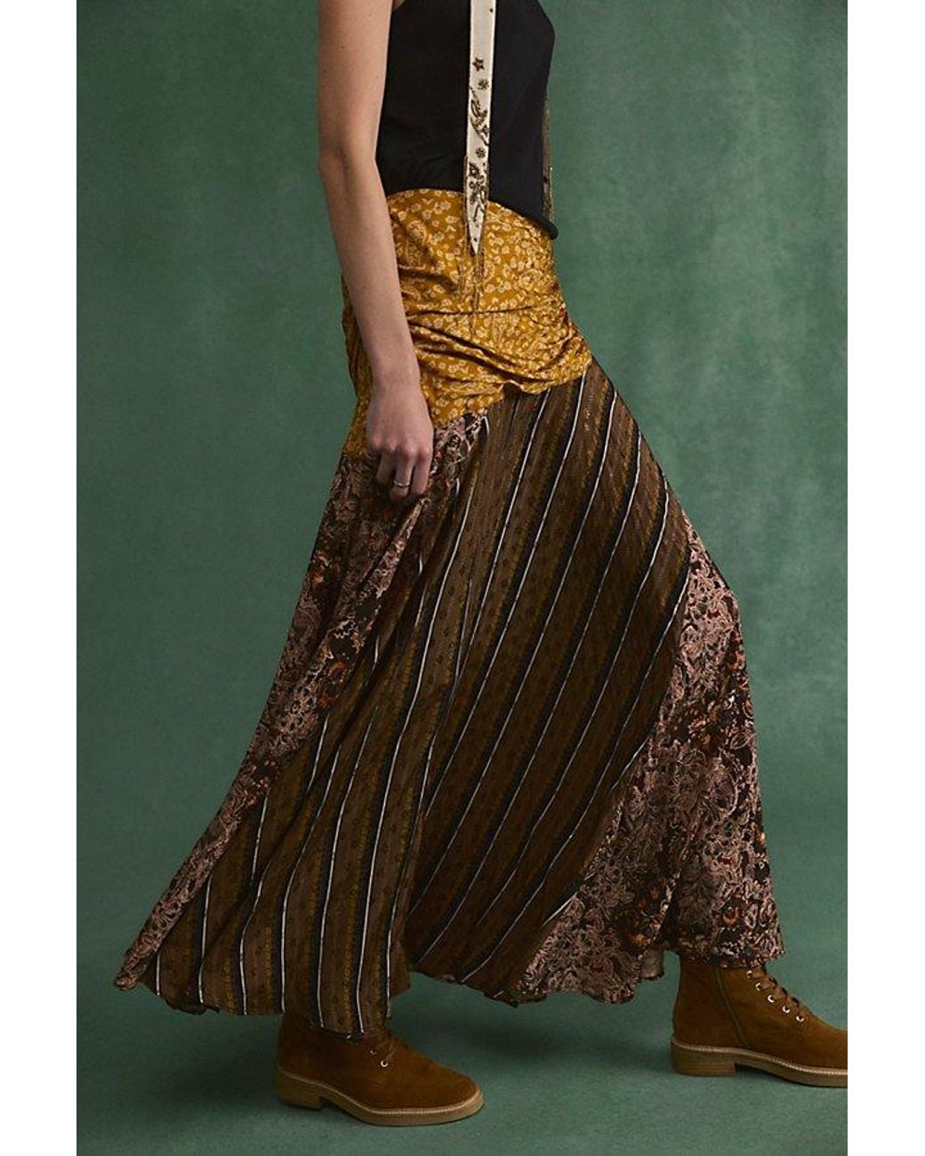 Free People Green Crossroads Printed Patch Maxi Skirt