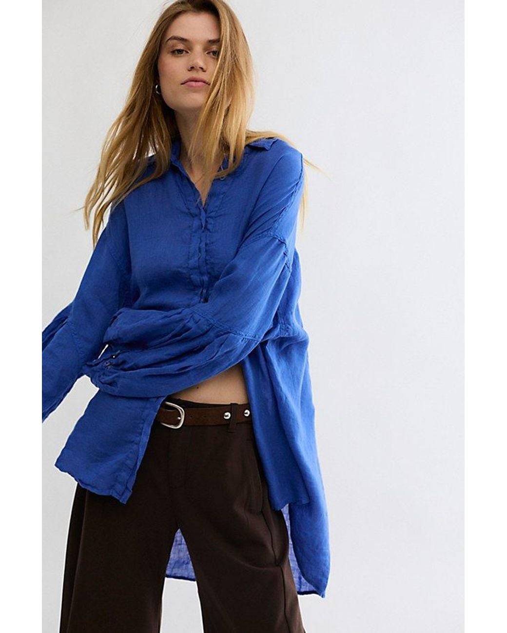 Free People Blue Selene Button Down Linen Shirt