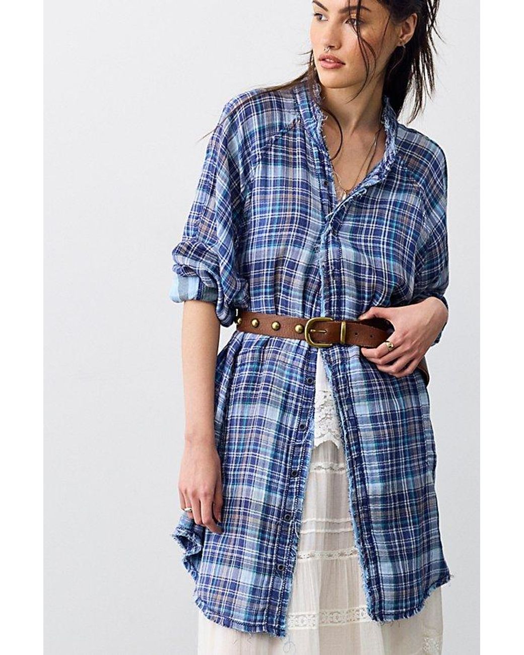 Free People Blue Summer Daydream Plaid Tunic