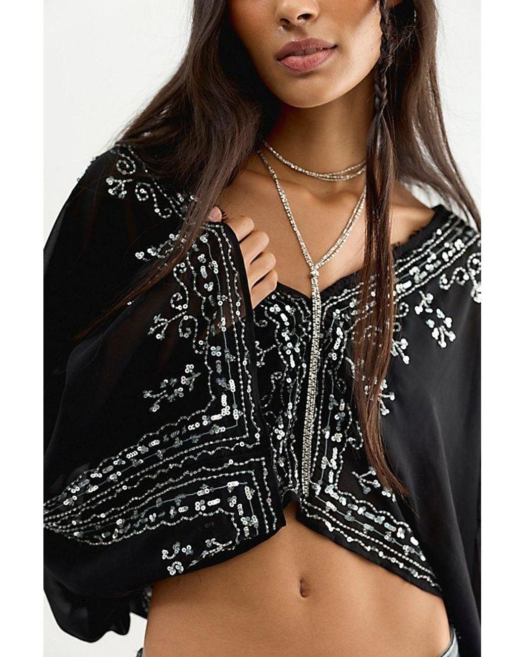 Free People Black Calla Embellished Cape Top