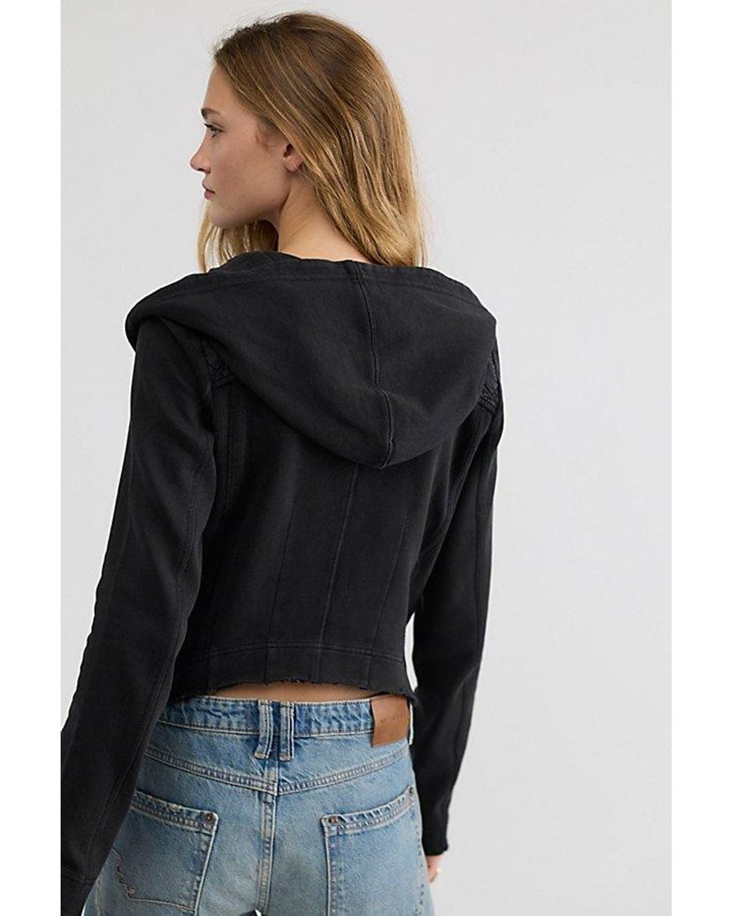 Free People Black Throwback Asymmetric Zip-Up Hoodie