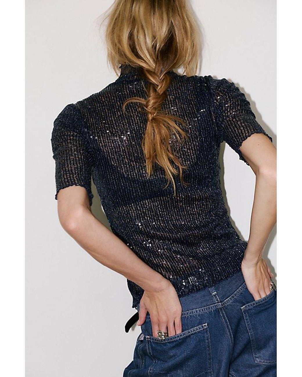 Intimately By Free People Blue Barely Sparkle Half-Sleeve Top By
