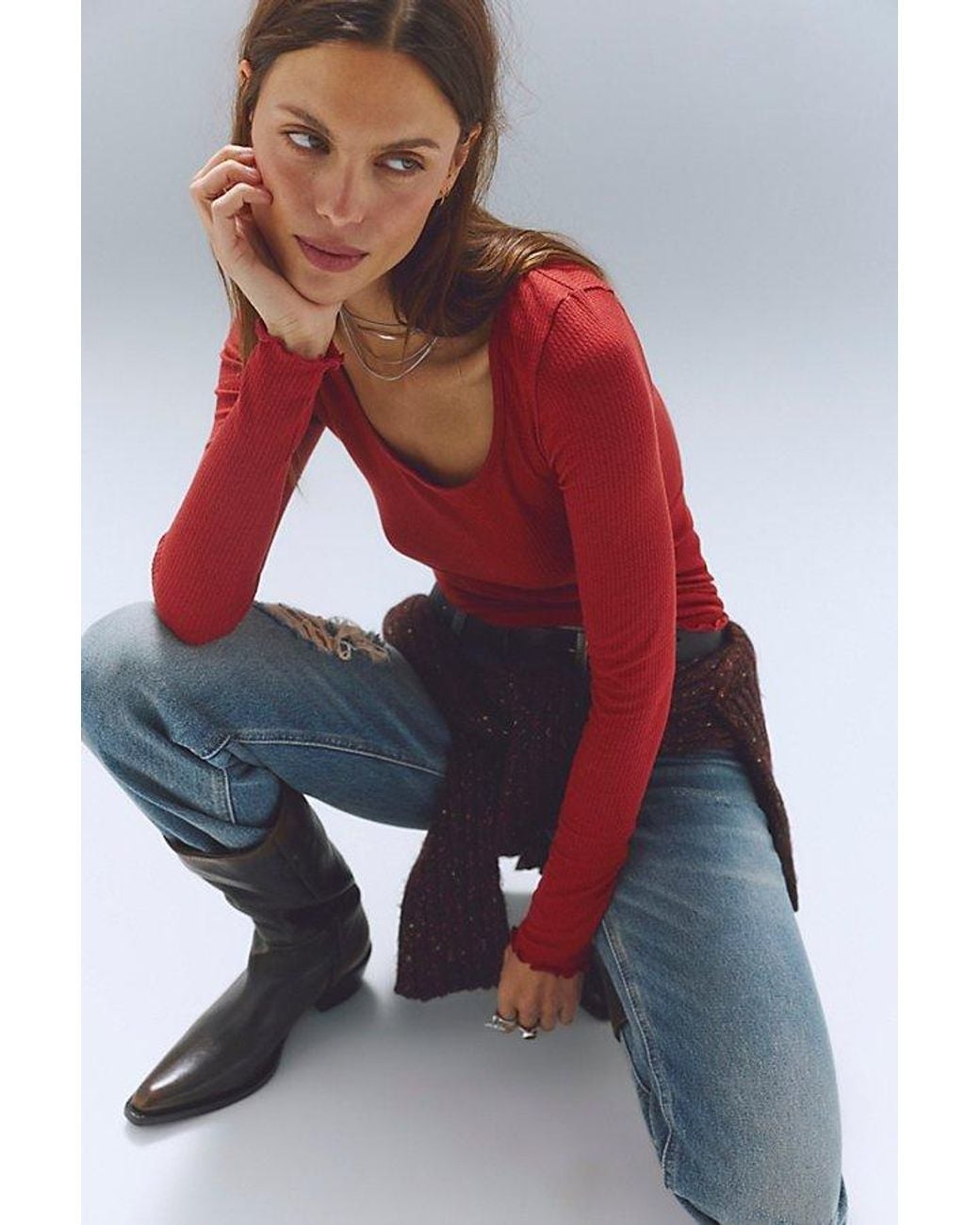 Intimately By Free People Red Base Layer Thermal Scoop Neck Long Sleeve By
