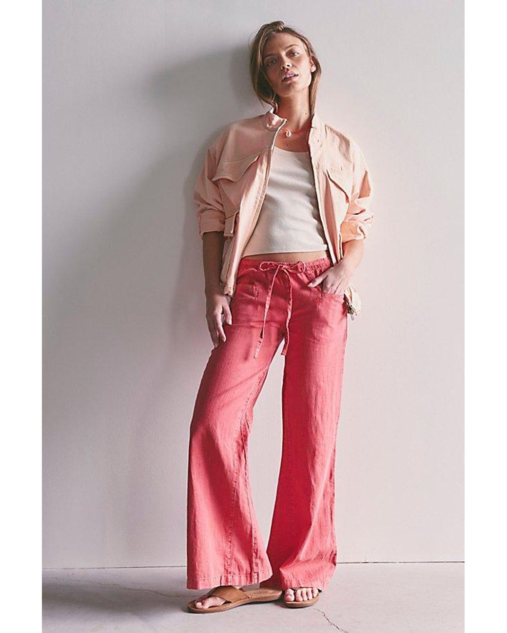 Free People Red Break The Ice Linen Slouch Flare Pants