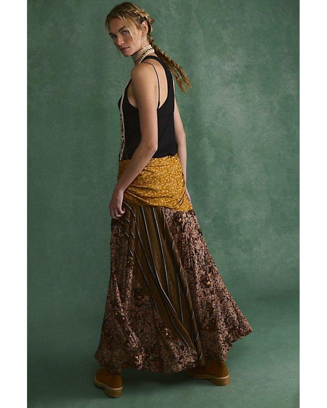 Free People Green Crossroads Printed Patch Maxi Skirt