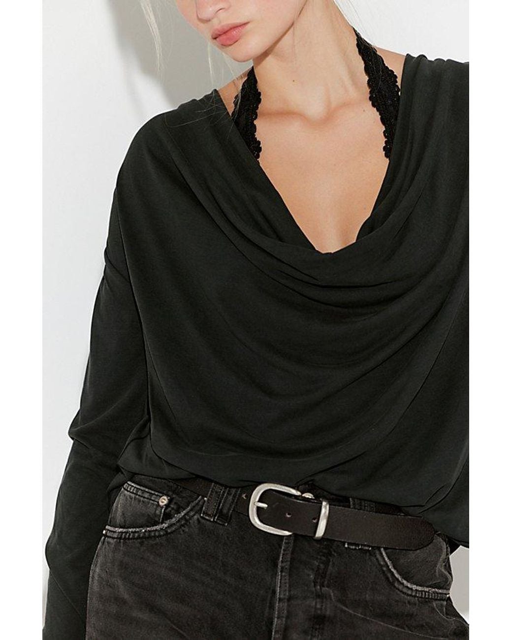 Free People Black Jane Draped Long Sleeve Top