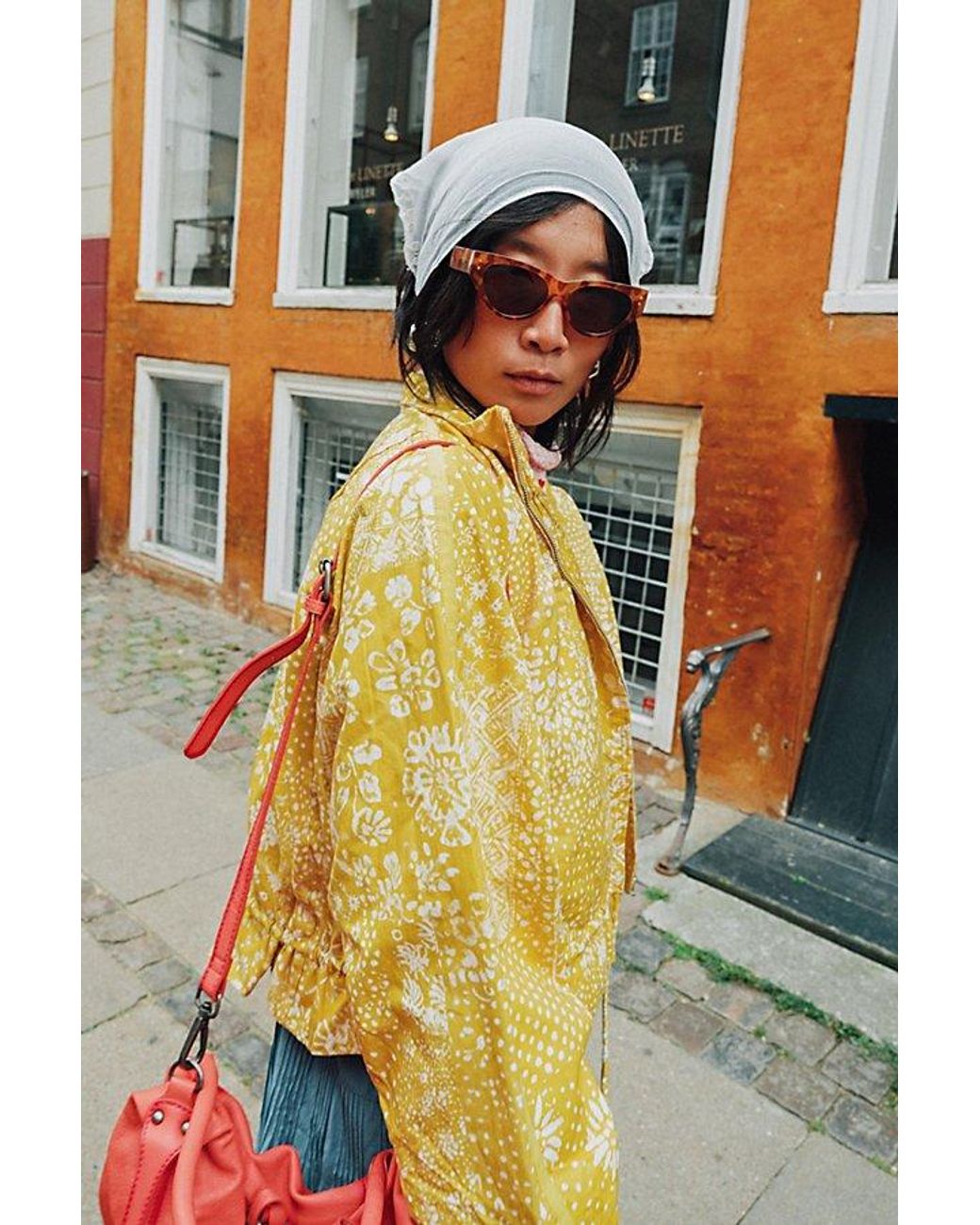 Free People Yellow Devon Printed Balloon Funnel-Neck Jacket
