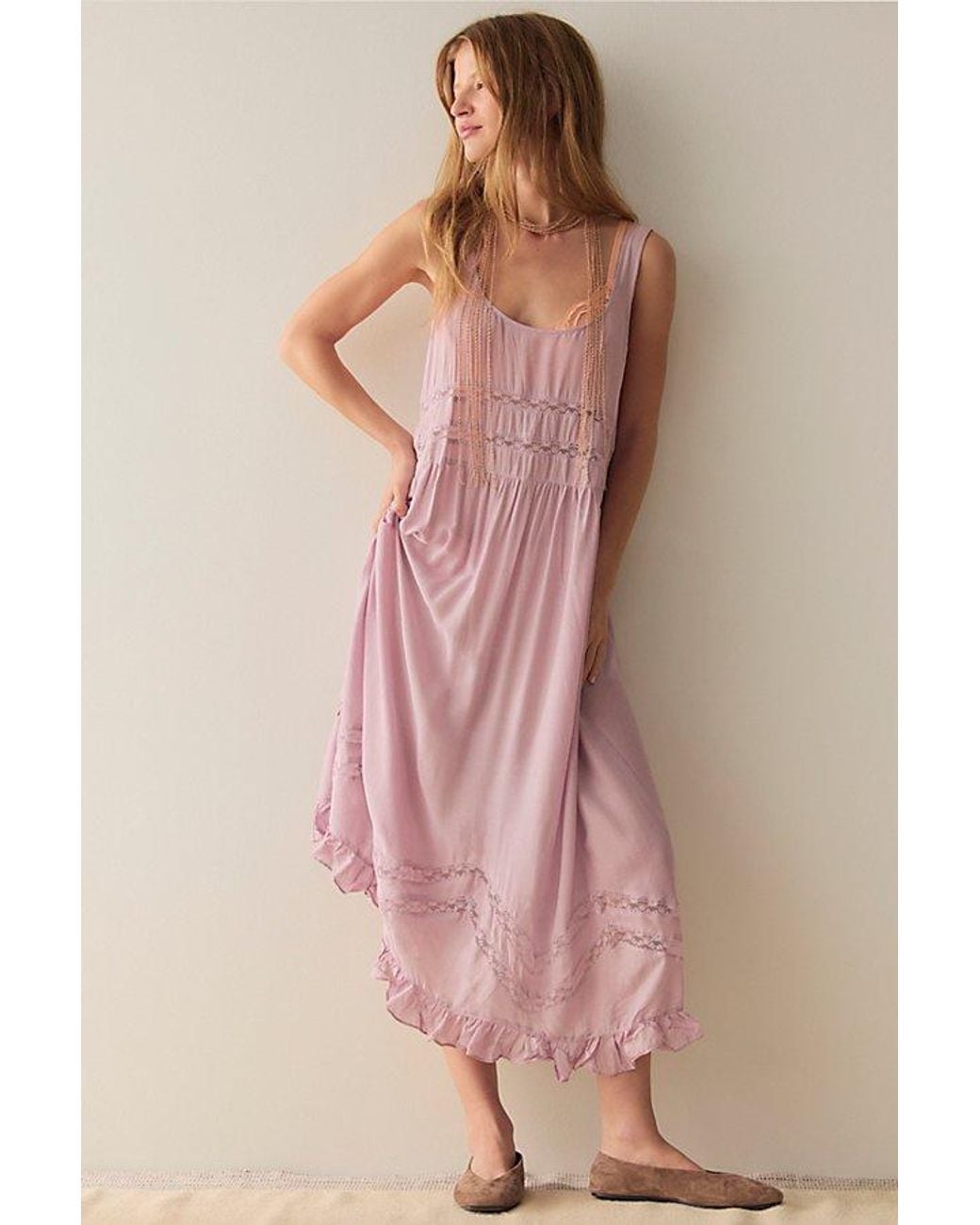 Intimately By Free People Pink Voile And Lace Midi Slip Dress By