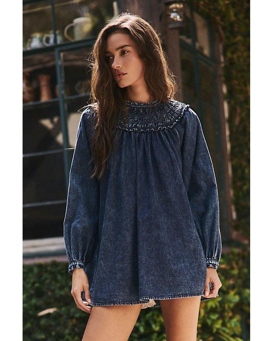 Free People Gray Morning Dew Smocked Mini Dress