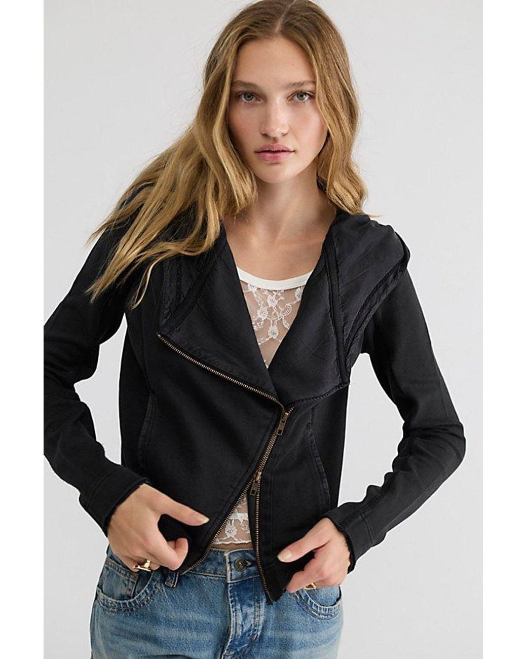 Free People Black Throwback Asymmetric Zip-Up Hoodie
