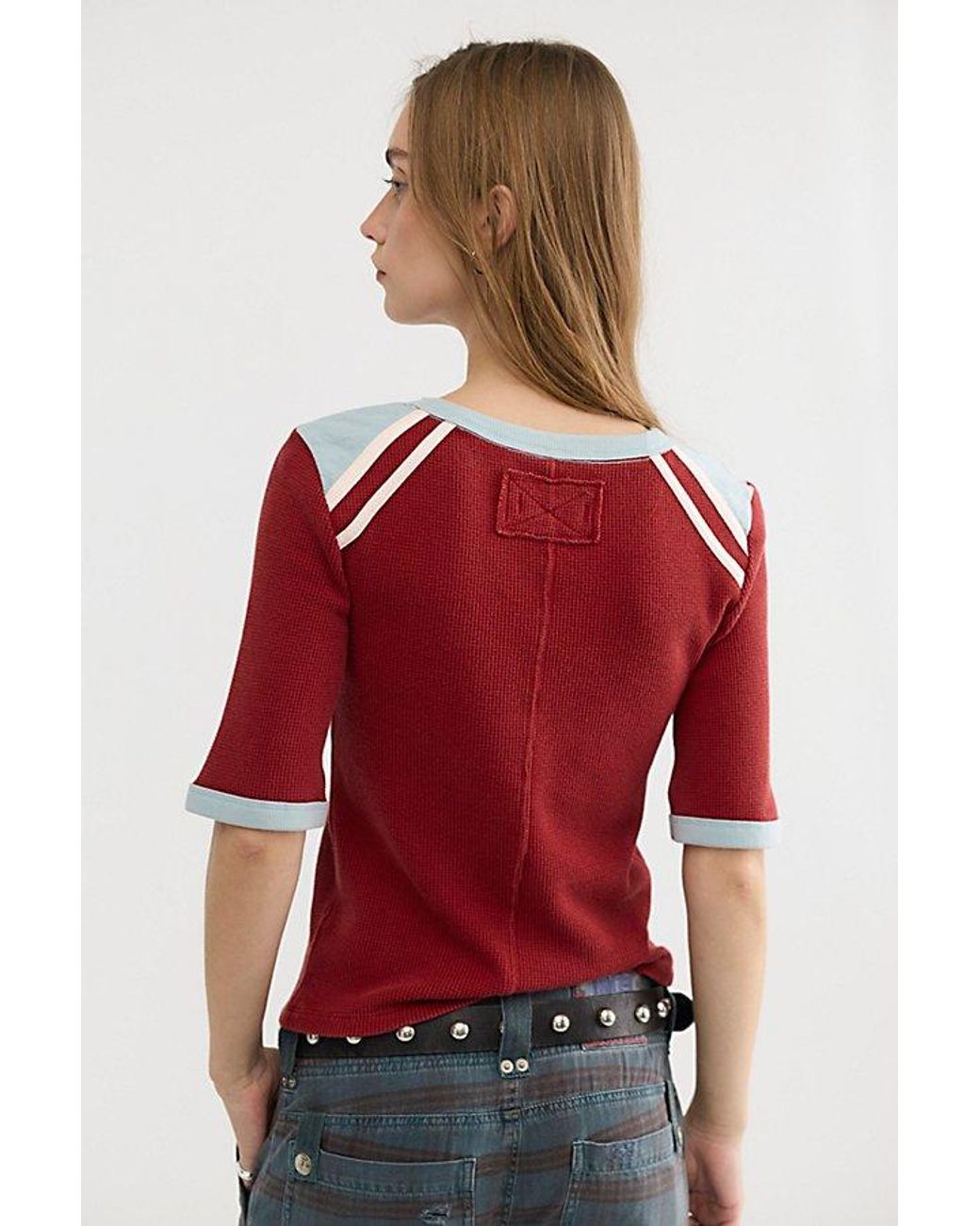 Free People Red Stargazer Colorblock Three-Quarter Sleeve Tee