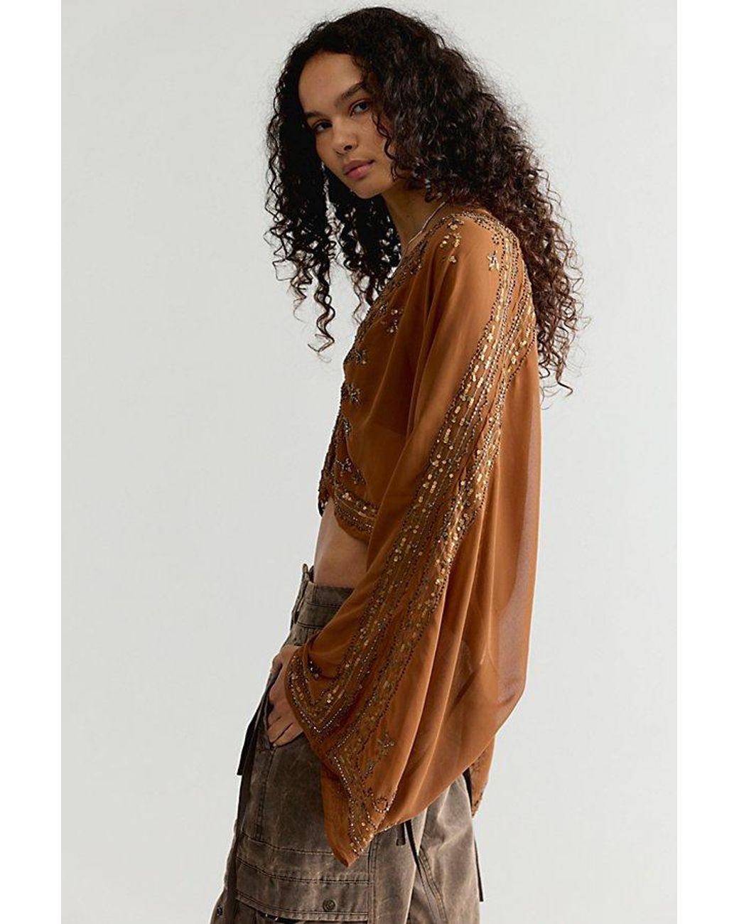 Free People Brown Calla Embellished Cape Top