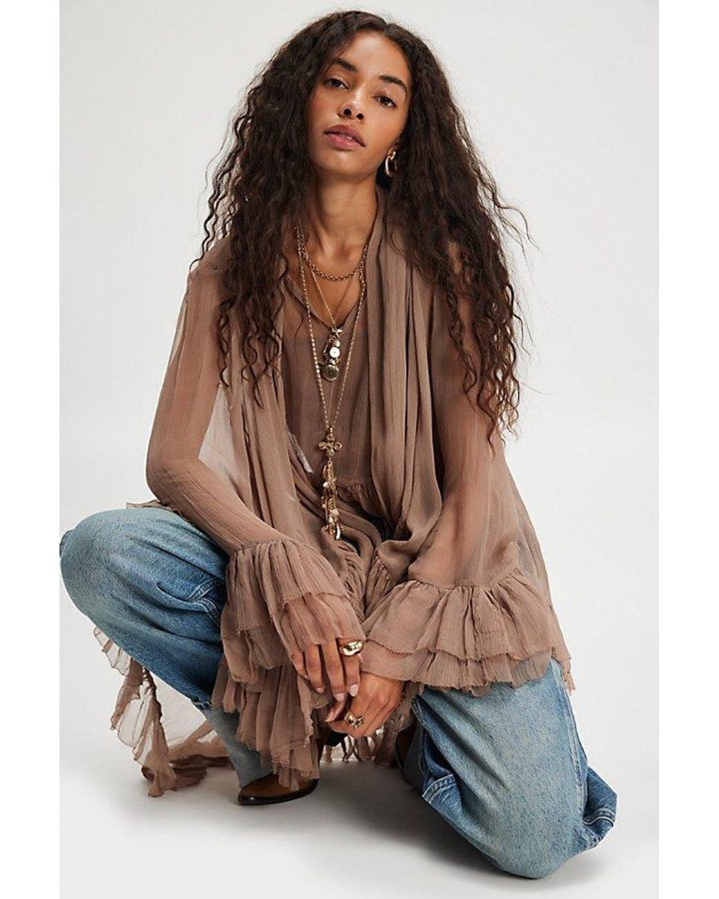 Free People Brown Full Sleeve Frill Top