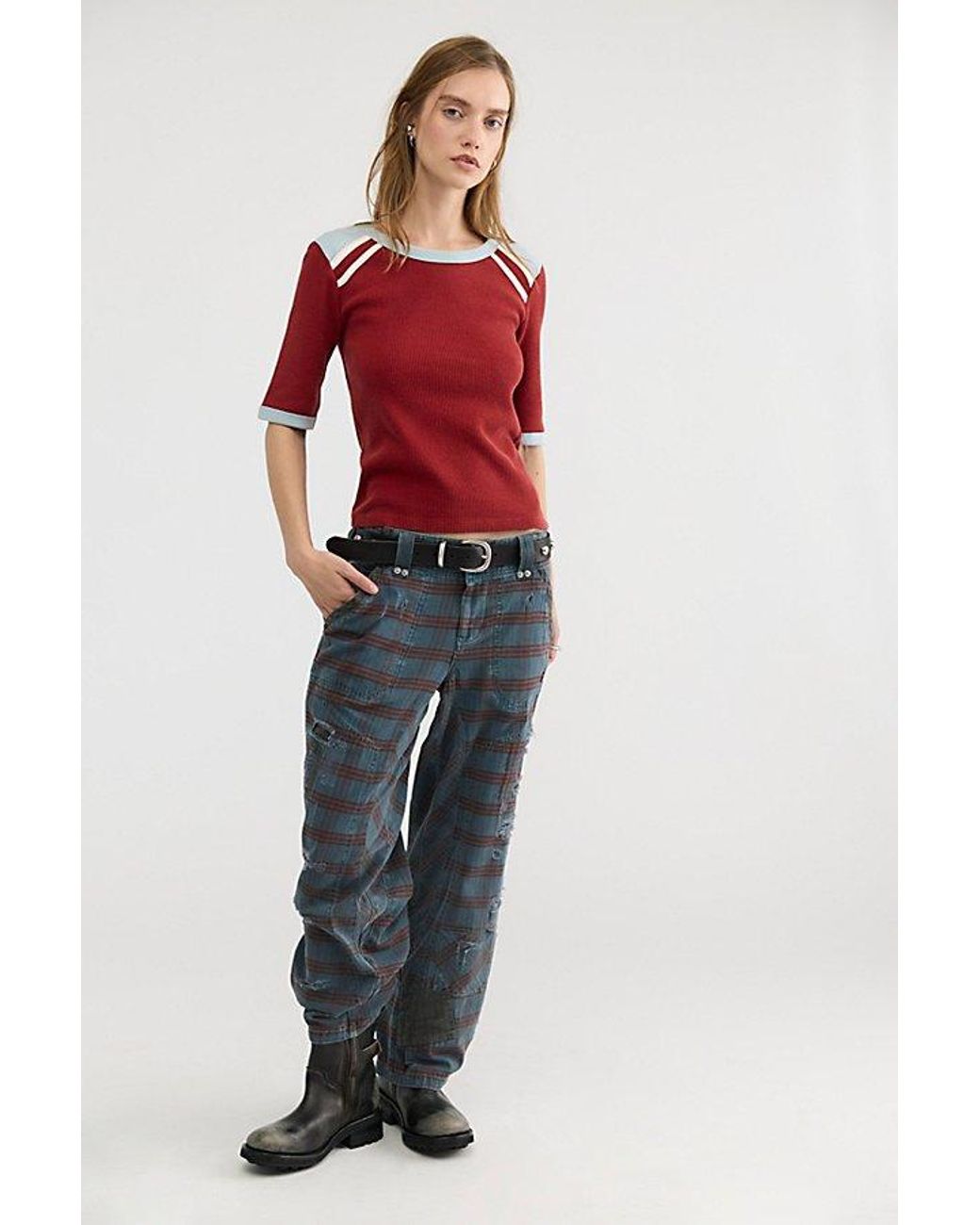 Free People Red Stargazer Colorblock Three-Quarter Sleeve Tee