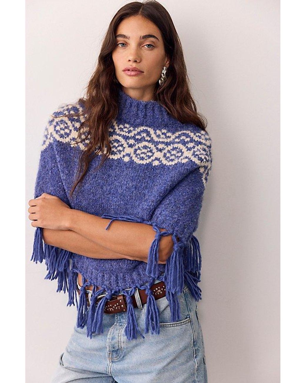 Free People Blue Emma Printed Poncho Jacket