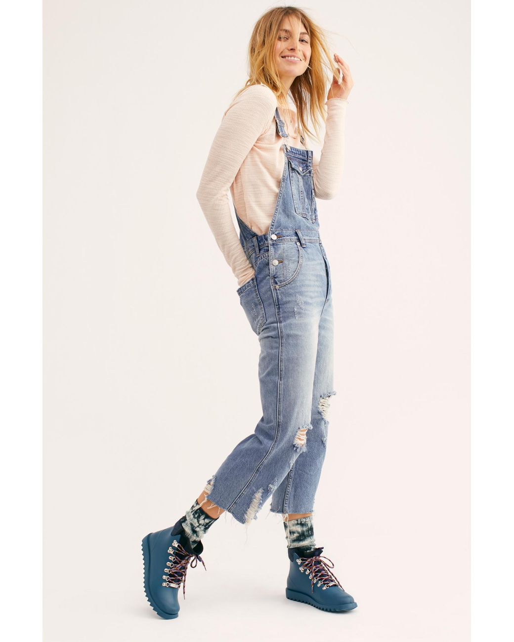 Free people distressed boyfriend overalls sale