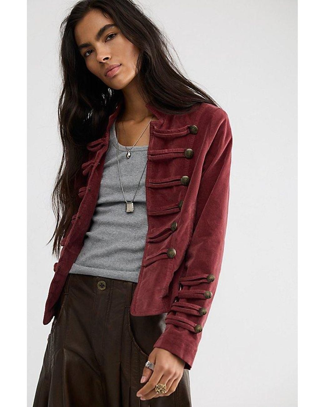 Free People Red Fitted Velvet Military Jacket