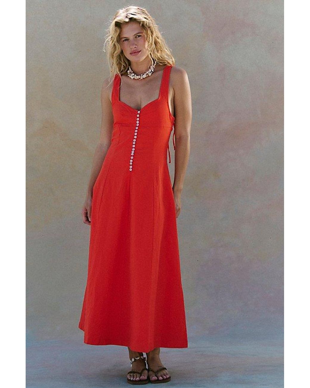 free-est Red Holland Stretch Linen Midi Dress By