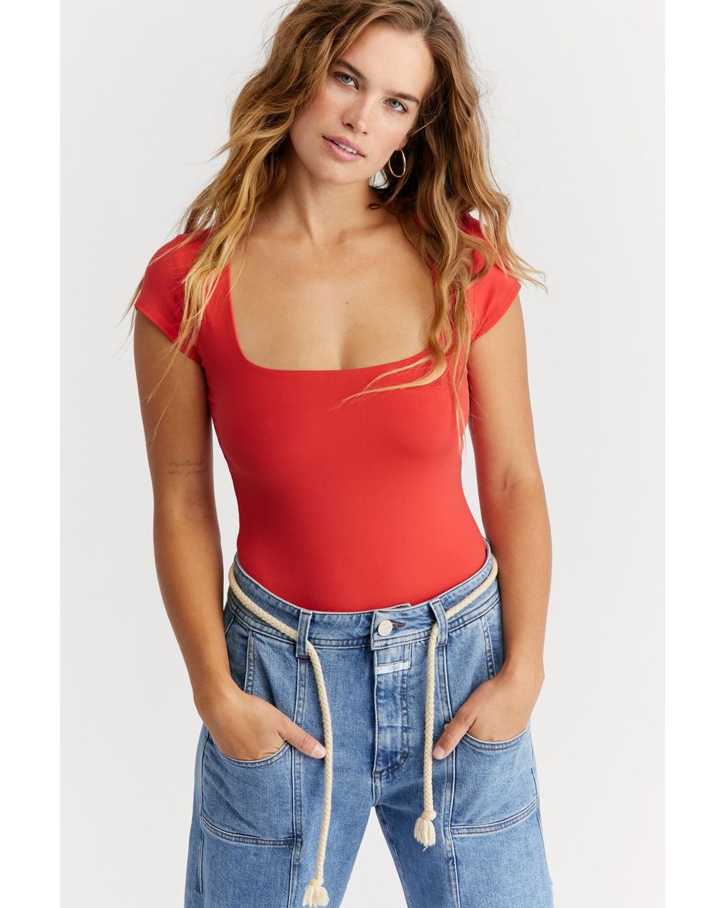 Free People Women's Red Fair And Square Neck Duo Bodysuit By Intimately