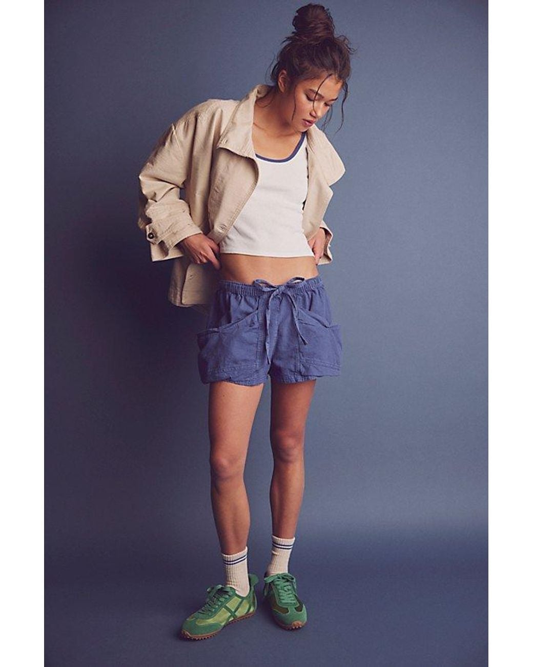 Free People Blue Good Fortune Solid Cotton-Linen Shorts