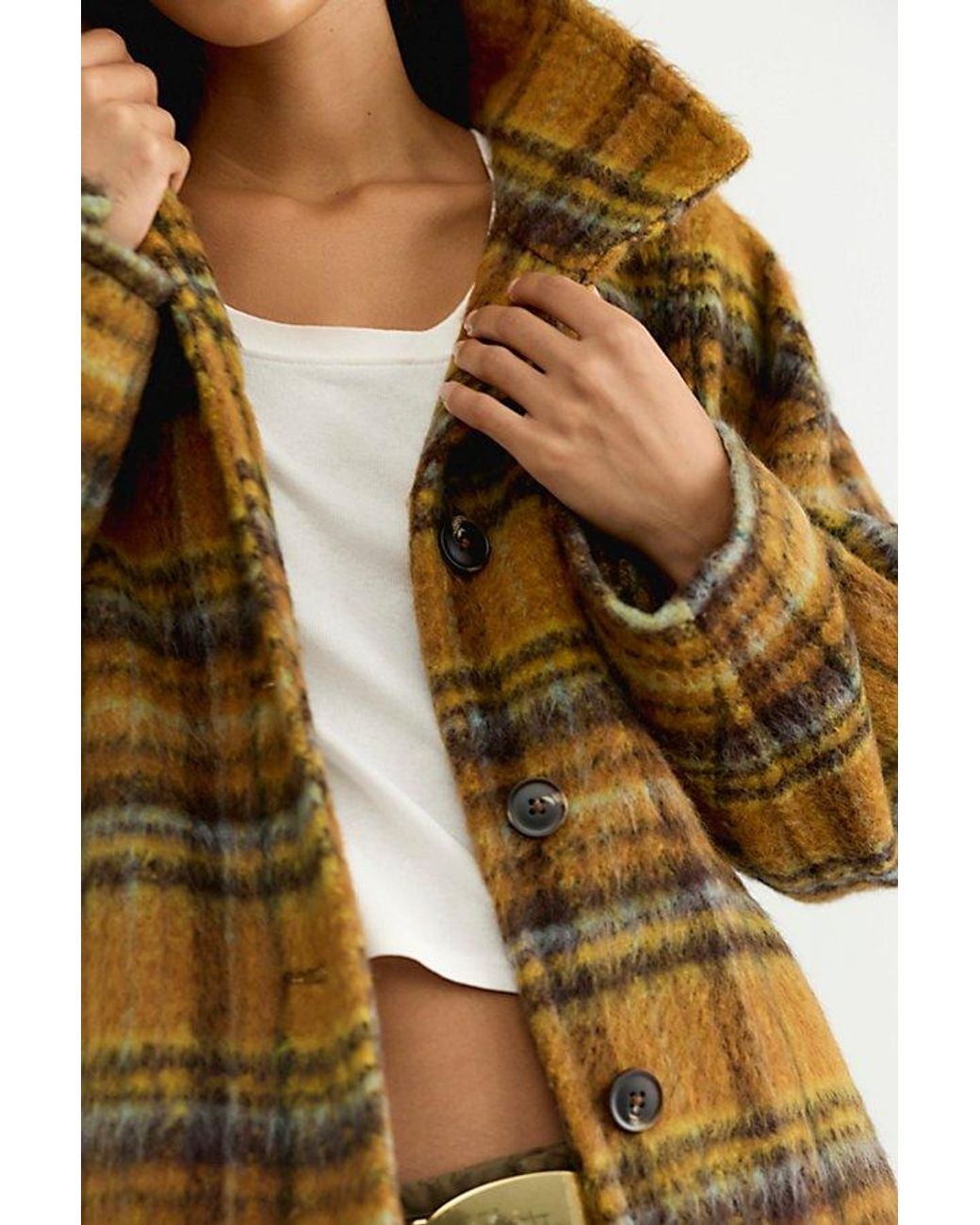 Free People Yellow Beau Plaid Cocoon Coat Jacket