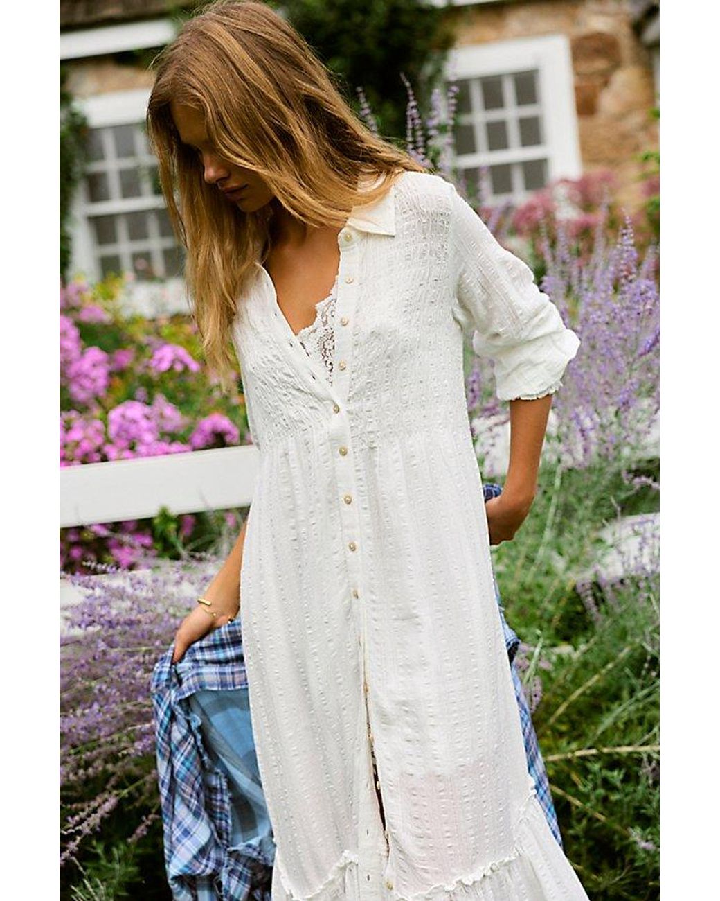 Free People Green Chasing Dawn Collared Maxi Shirtdress
