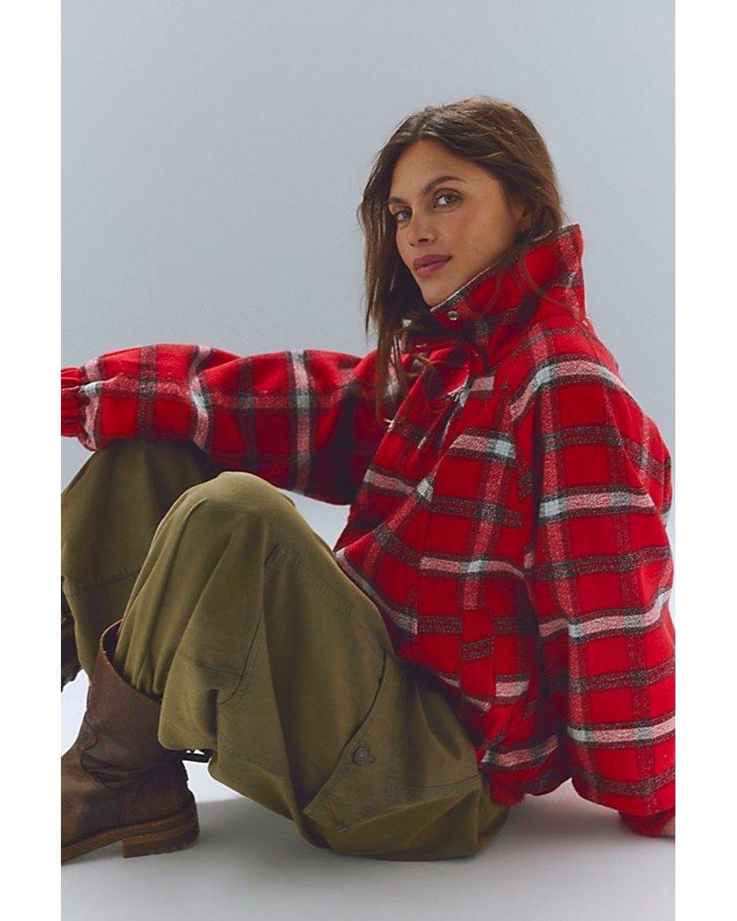 Free People Red Chelsea Plaid Funnel-Neck Oversized Jacket