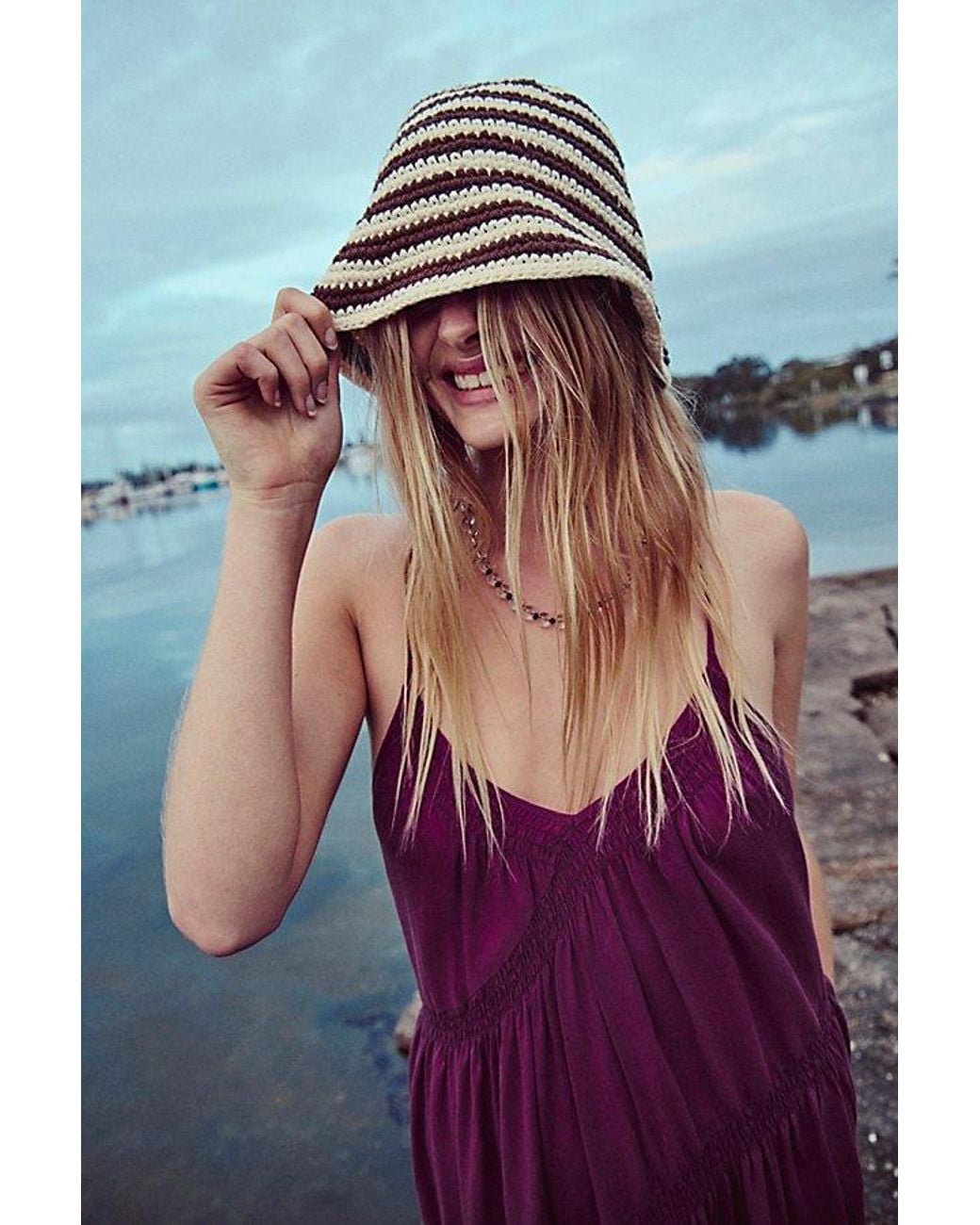 Free People Natural Striped Crochet Sailor Hat