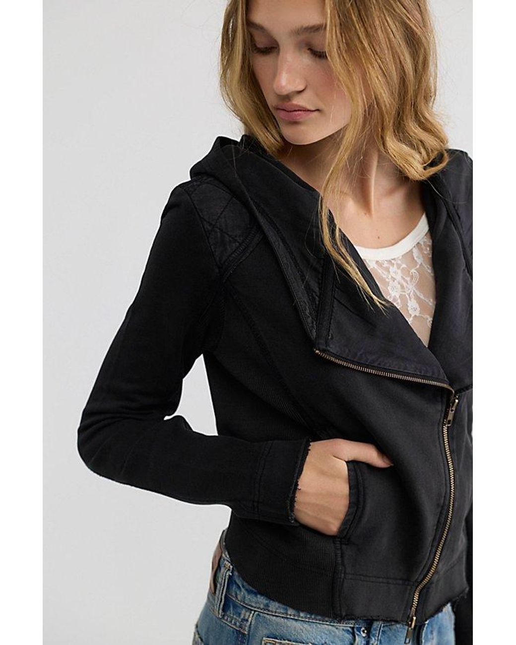 Free People Black Throwback Asymmetric Zip-Up Hoodie
