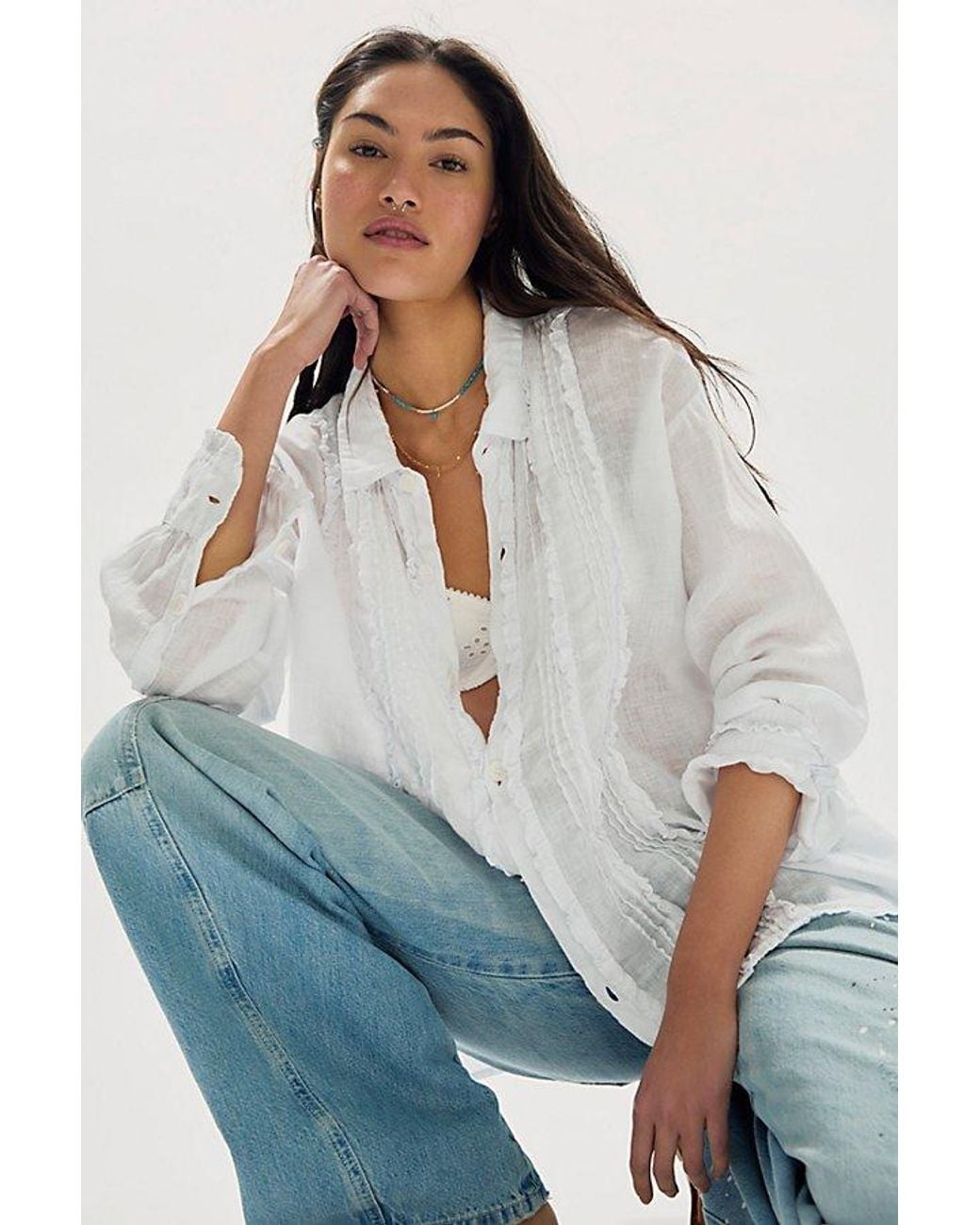Llea Blue White Tuxedo Linen Button Down Top By