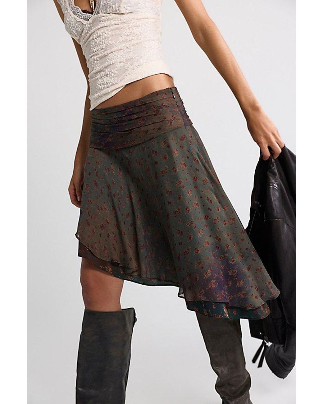 Free People Black Daydreamer Printed Asymmetrical Midi Skirt