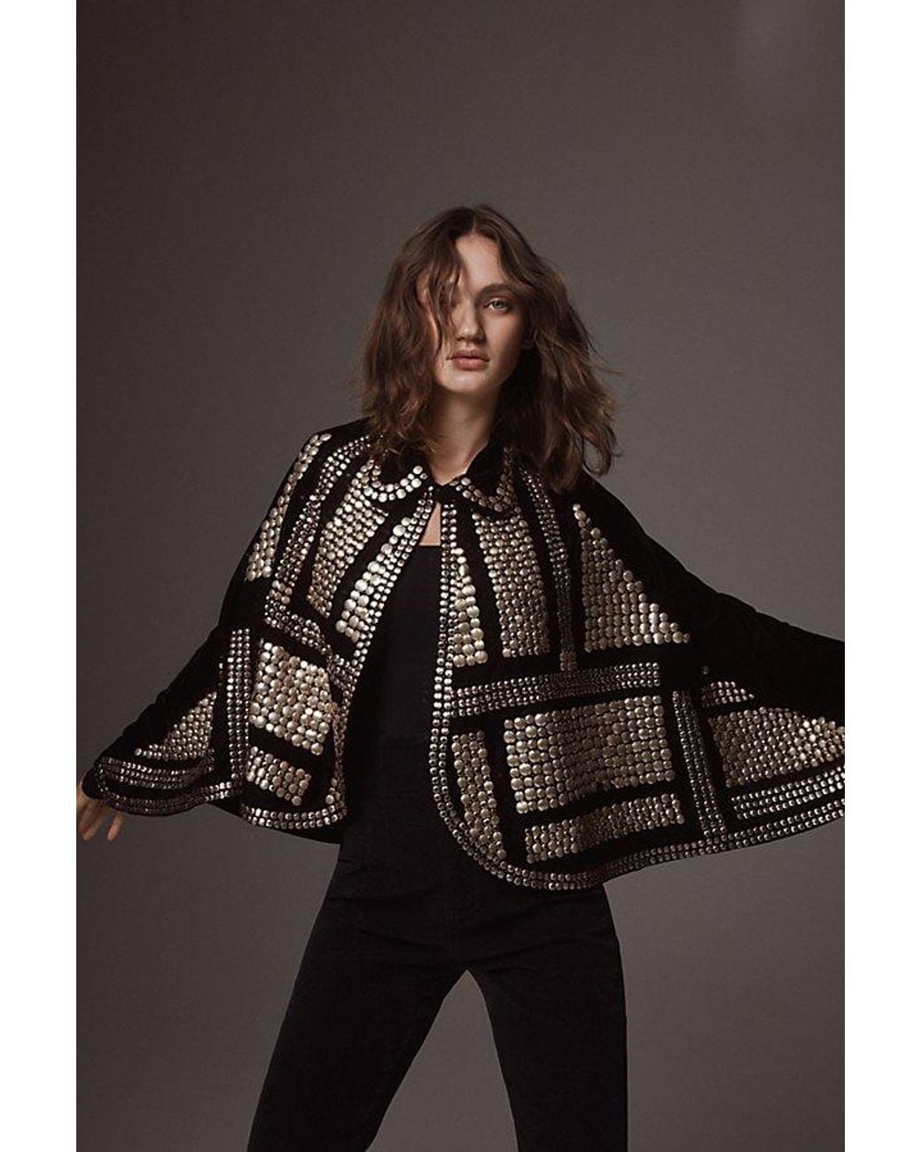 Free People Black Rock Star Embellished Velvet Cape Top