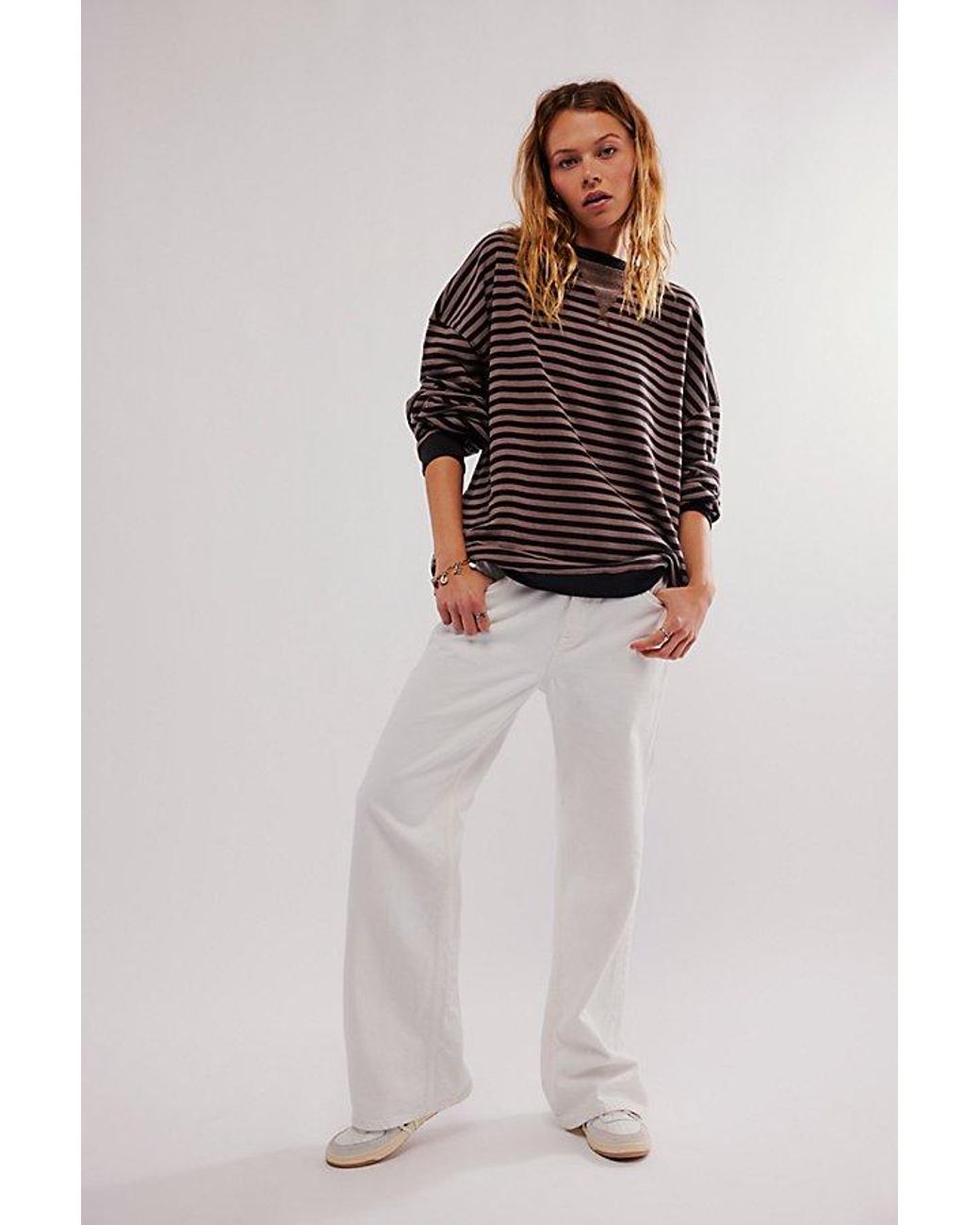 Free People Black Classic Striped Oversized Crewneck