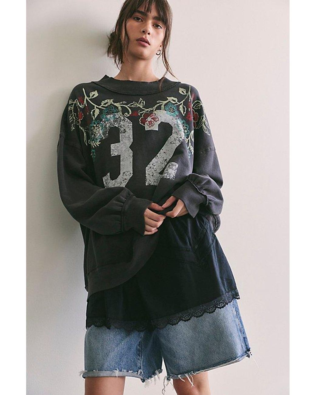 Free People Gray Palm Spring Turtleneck Graphic Pullover