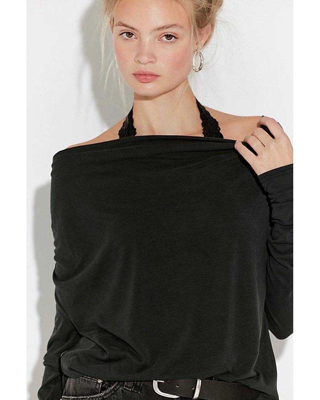 Free People Black Jane Draped Long Sleeve Top